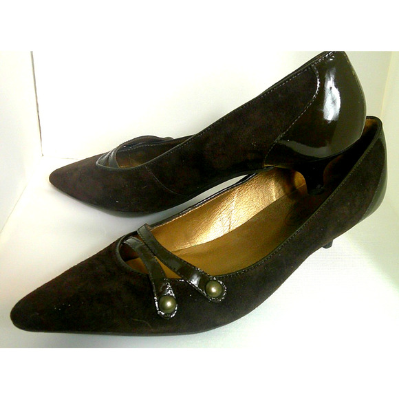Talbots Women's Kitten Heel Suede Pumps Pointed Toe & Patent Leather Brown 5 1/2 - Picture 1 of 7